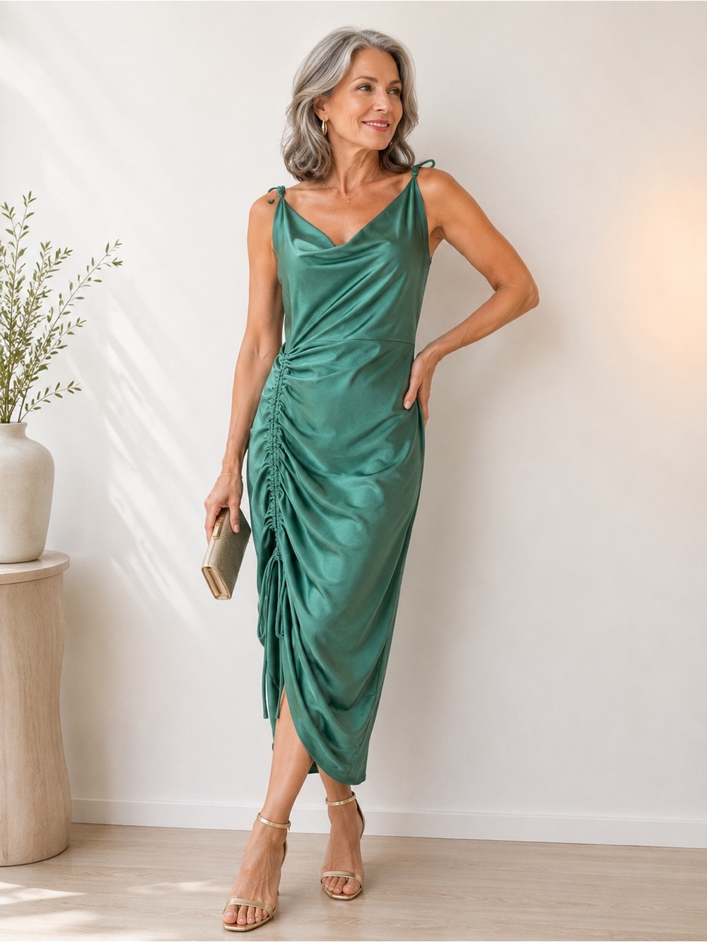 Draped Green Satin Midi Dress with Adjustable Side Ruche